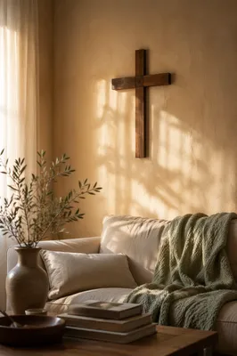 Wooden Cross Above Cozy Linen Sofa
