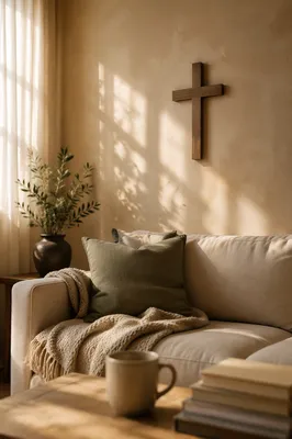 Wooden Cross Above Cozy Living Room Sofa