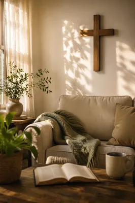 Wooden Cross Above Cozy Living Room Sofa