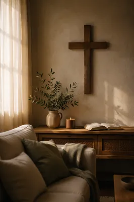 Wooden Cross in Cozy Living Room