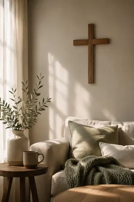 Wooden Cross on Warm Living Room Wall