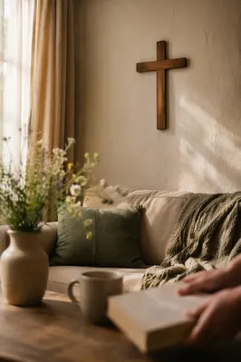 Wooden Cross in Cozy Living Room