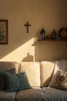 Wooden Cross on Sunlit Living Room Wall