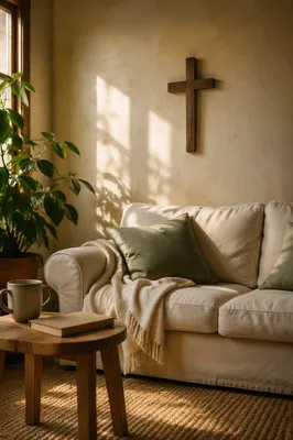 Wooden Cross on Warm Living Room Wall