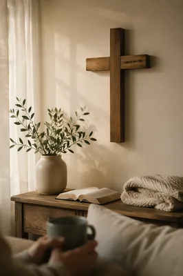 Wooden Cross on Peaceful Living Room Wall