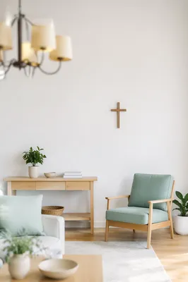 Minimalist Living Room With Wooden Wall Cross