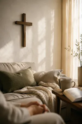 Wooden Cross on Serene Living Room Wall