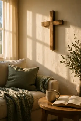 Wooden Cross on Warm Living Room Wall