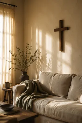 Wooden Cross on Warm Living Room Wall