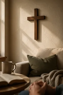 Wooden Cross on Cozy Living Room Wall