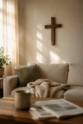 Wooden Cross Above Cozy Living Room Sofa