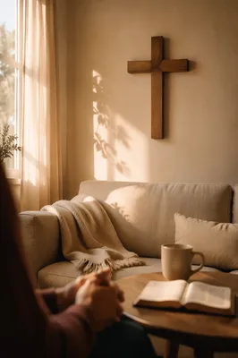 Wooden Cross in Warm Living Room