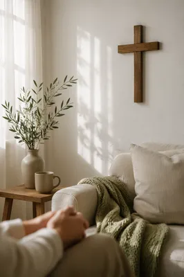 Wooden Cross Above Cozy Living Room Sofa