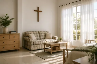 Wooden Cross in Sunlit Living Room