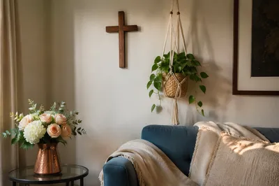 Wooden Cross on Cozy Living Room Wall