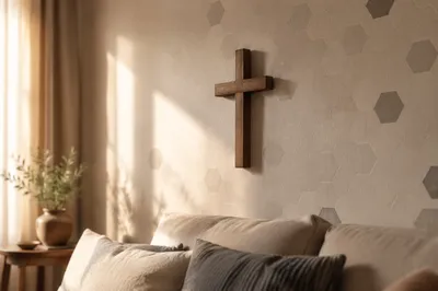Wooden Cross on Peaceful Living Room Wall