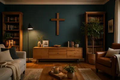 Wooden Cross on Cozy Teal Living Room Wall