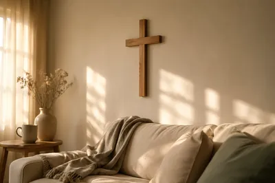 Wooden Cross on Warm Living Room Wall
