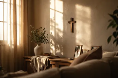 Wooden Cross on Warm Living Room Wall