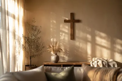 Wooden Cross on Warm Living Room Wall
