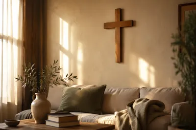 Wooden Cross Above Cozy Linen Sofa