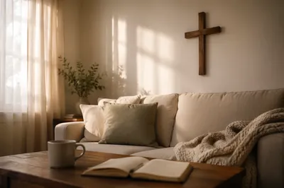 Wooden Cross on Warm Living Room Wall