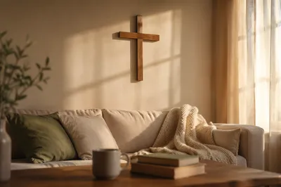 Wooden Cross Above Cozy Linen Sofa
