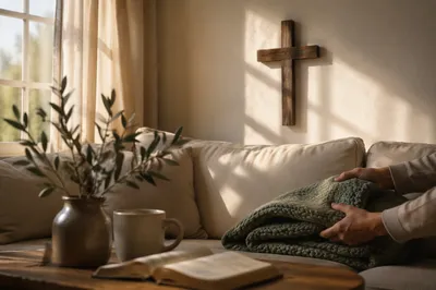 Wooden Cross Above Warm Living Room Sofa