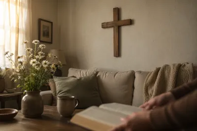 Wooden Cross Above Cozy Living Room Sofa