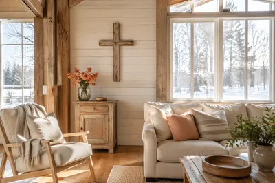 Wooden Cross in Cozy Rustic Living Room