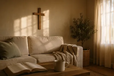 Wooden Cross Above Cozy Living Room Sofa