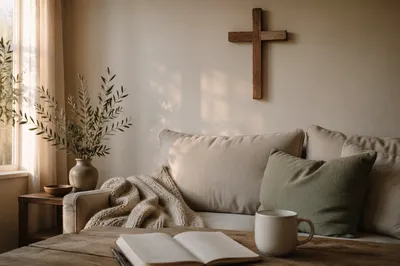 Wooden Cross Above Cozy Living Room Sofa