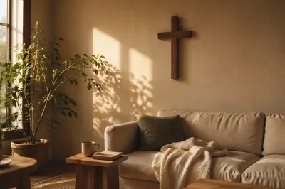 Wooden Cross Above Cozy Living Room Sofa