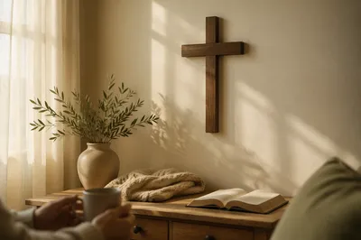Wooden Cross on Peaceful Living Room Wall