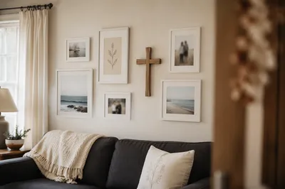 Wooden Cross Gallery Wall in Cozy Living Room