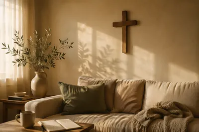 Handmade Cross Above Warm Living Room Sofa