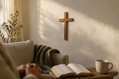 Wooden Cross on Cozy Living Room Wall