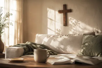 Wooden Cross Above Cozy Living Room Sofa