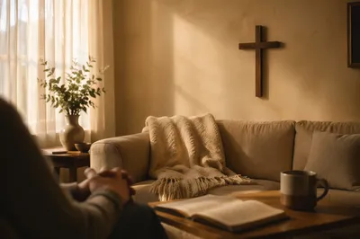 Wooden Cross on Warm Living Room Wall