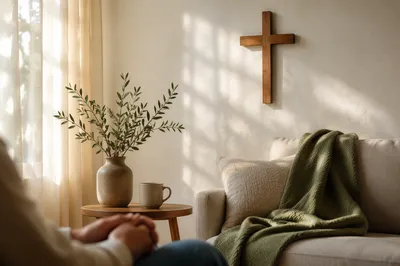 Wooden Cross Above Cozy Living Room Sofa