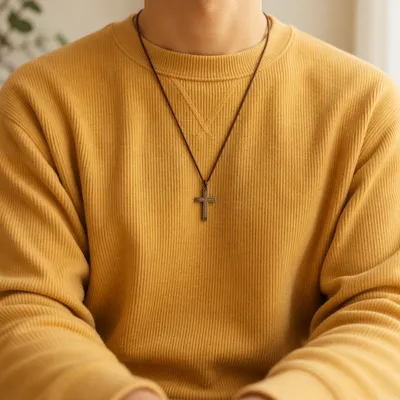 Simple Cross Necklace on Mustard Sweater