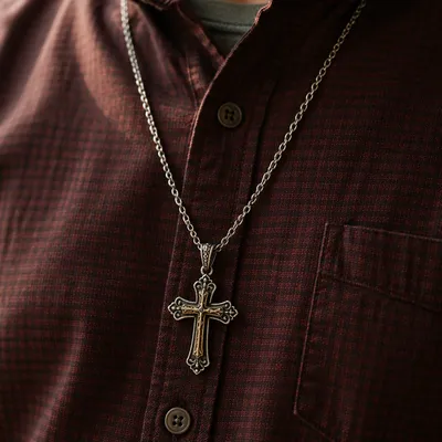 Silver Cross Necklace on Burgundy Shirt