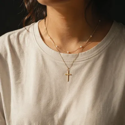Gold Cross Necklace on Casual Cotton Shirt