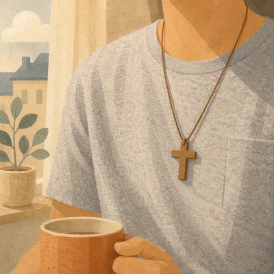 Wooden Cross Necklace in Morning Light