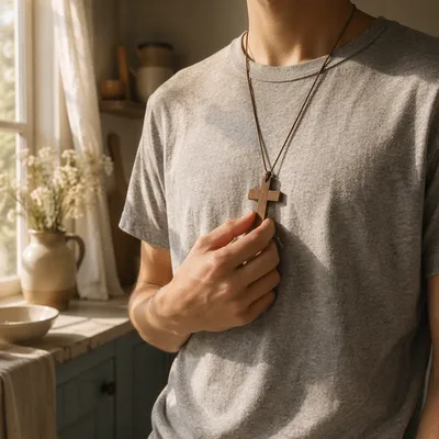Wooden Cross Necklace in Morning Light