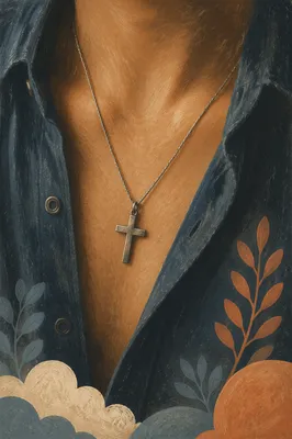 Silver Cross Pendant on Casual Shirt
