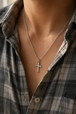 Silver Cross Necklace with Casual Plaid Shirt
