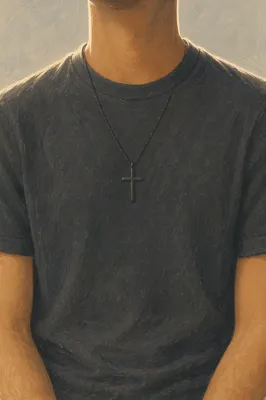 Cross Necklace on Casual Charcoal Shirt