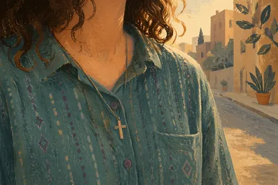 Cross Necklace on Casual Teal Shirt