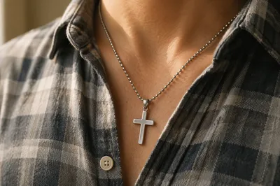 Silver Cross Necklace on Casual Plaid Shirt